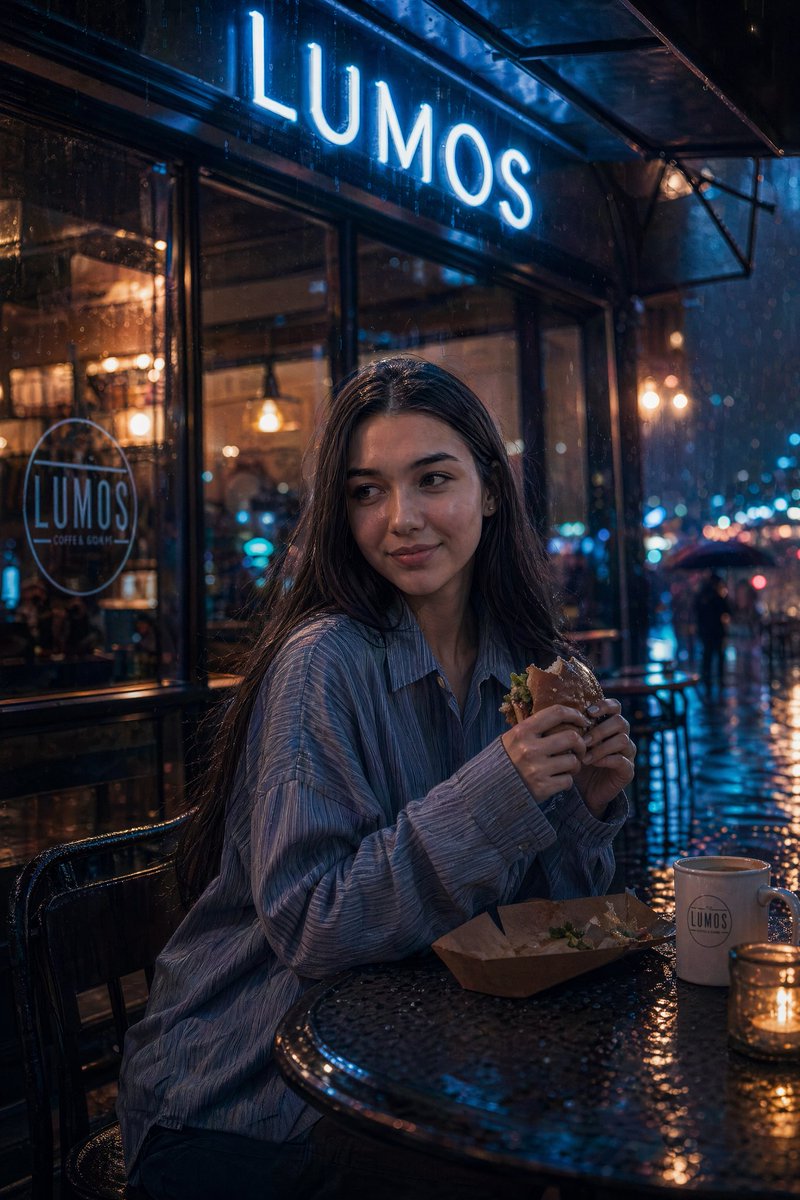通过 Higgsfield 使用 GPT image 2 超电影感的雨夜场景,一家霓虹灯照亮的咖啡馆,名为一位年轻女子独自坐在柔和的防雨遮蔽下,穿着一件稍显宽松的衬衫,手中拿着一个吃了一半的汉...