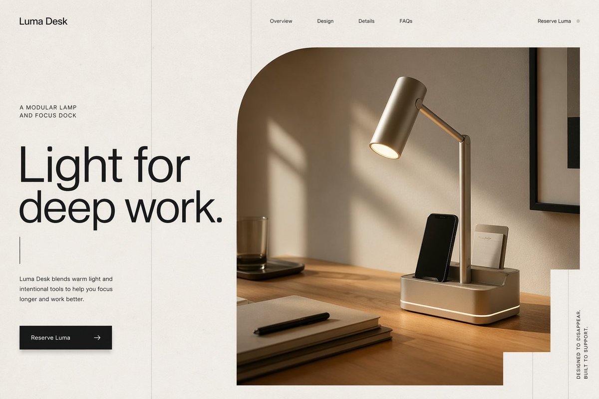 为 Luma Desk 创建一个首屏（hero section），它是一款面向远程工作者的模块化灯具与专注底座。以图片为主导，简短标题，清晰的行动号召（CTA），非对称布局，编辑节奏感，不要通...