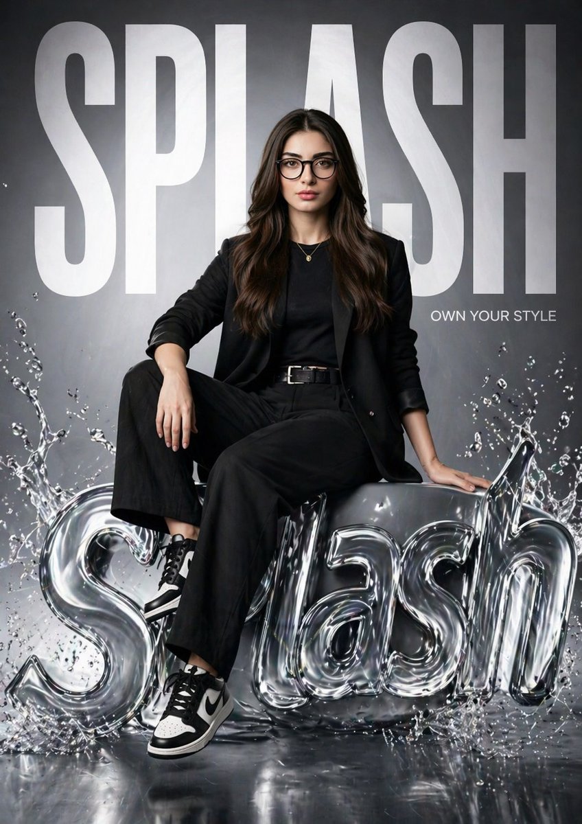 为“SPLASH”制作一张超现实的时尚海报，主角与参考图片中的女孩相同（面部保持 100% 一致）。她自信地坐在一个光泽感、液态风格的 3D SPLASH 标志上，带有水花飞溅效果。一条腿自然...
