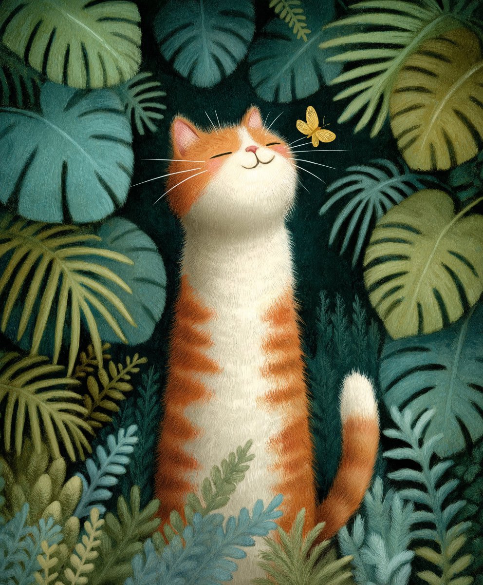 一幅特写、低角度的插画，前景是一只开心、圆润的橙白色虎斑猫，它满足地闭着眼睛，一只小黄蝴蝶在它的鼻子附近翩翩起舞。猫咪的身体大部分是白色的，头部...