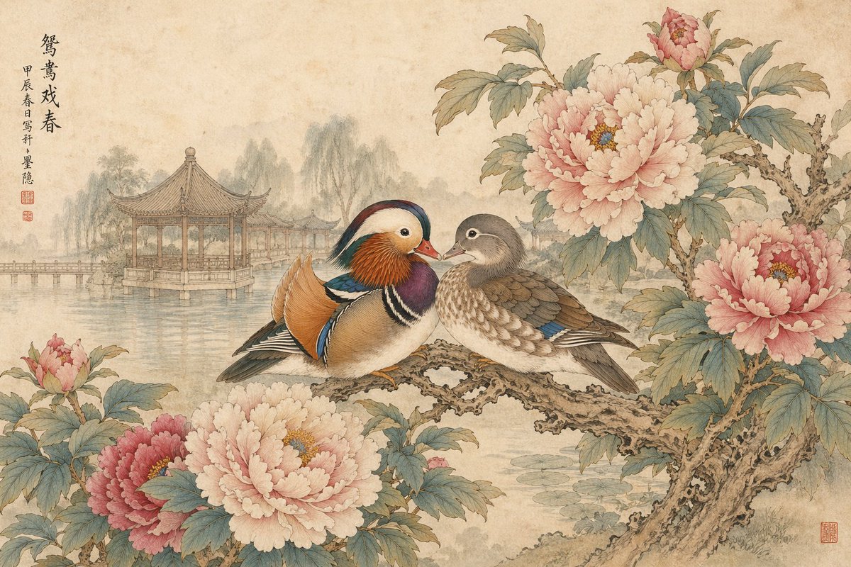 传统工笔重彩风格，湖畔园林亭台。枝头牡丹盛开，画面中一对鸳鸯栖息在横向伸展的牡丹枝干上，姿态亲昵，羽毛层次细腻、色彩典雅，呈现精致的工笔勾线与淡彩晕染效果。宣纸质感背景，构图呈现典雅的花鸟情趣...
