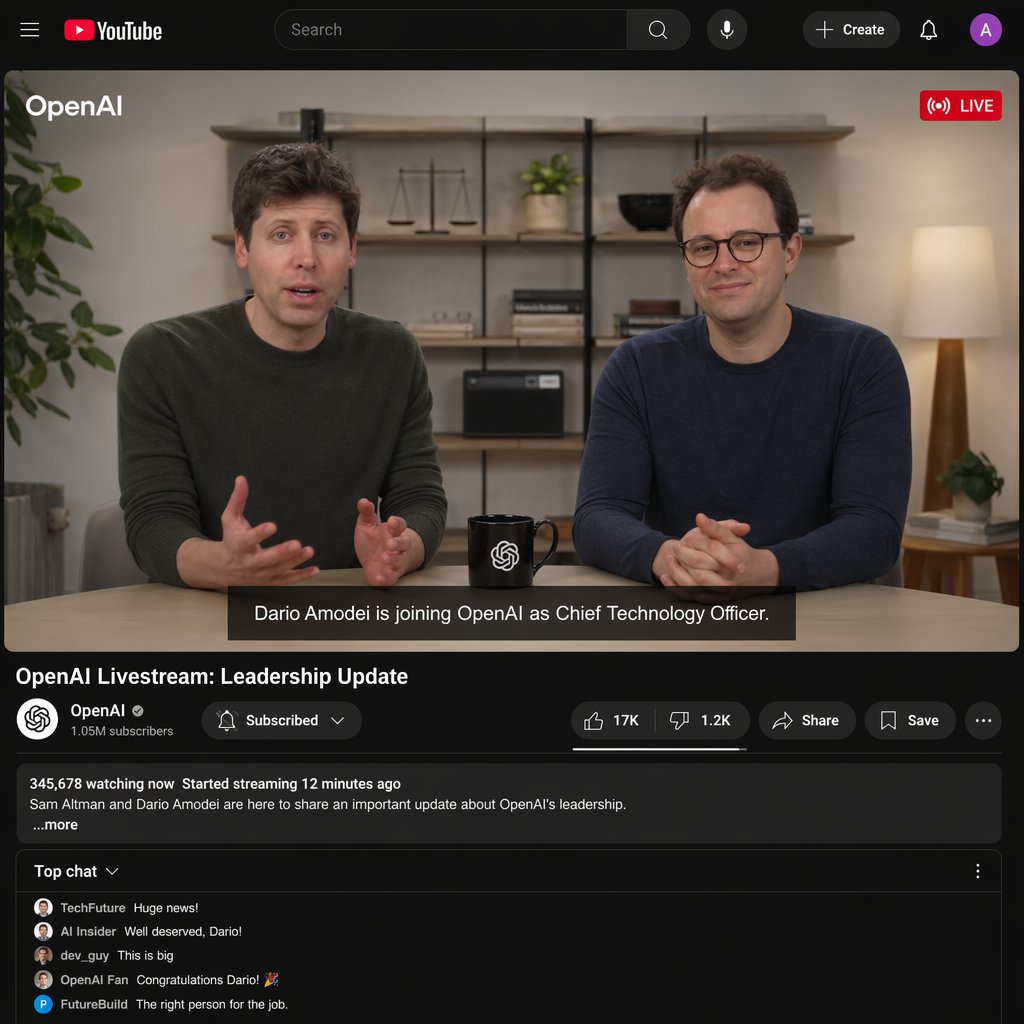 YouTube 直播截图，画面中 OpenAI 的直播里 Sam Altman 和 Dario Amodei 宣布 Dario 出任新任 CTO。 相当不错：) #gptimage #dari...