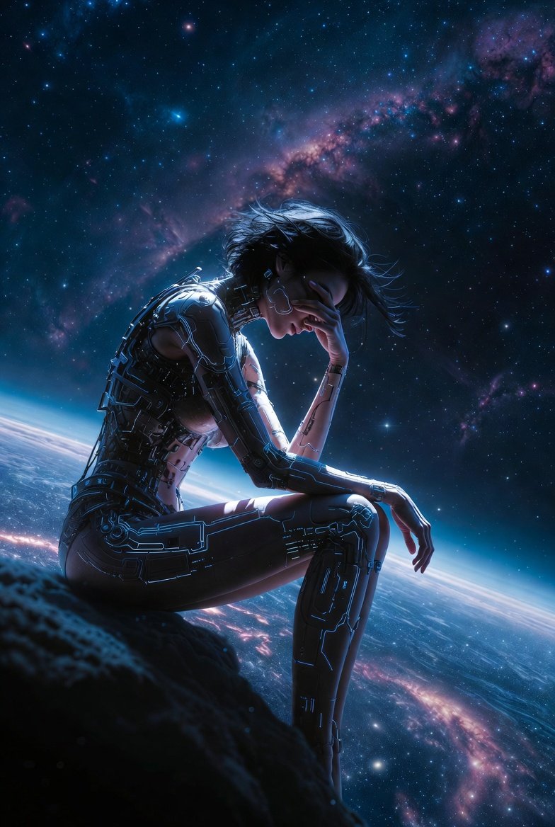 "一幅现实主义风格的赛博女性形象，她坐在宇宙的边缘，思考着存在的意义" 描述中包含模型细节