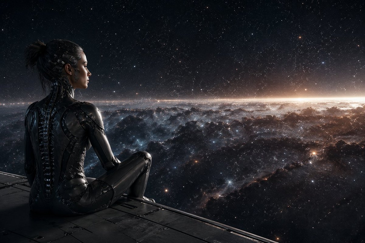 "一幅现实主义风格的赛博女性形象，她坐在宇宙的边缘，思考着存在的意义" 描述中包含模型细节