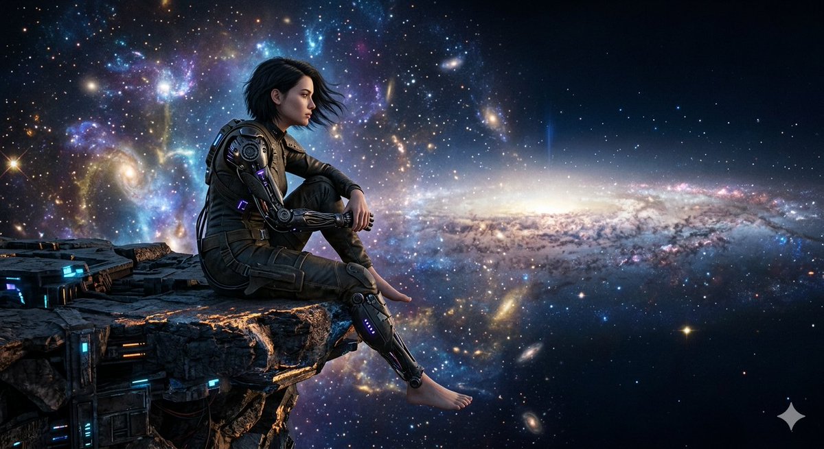 "一幅现实主义风格的赛博女性形象，她坐在宇宙的边缘，思考着存在的意义" 描述中包含模型细节