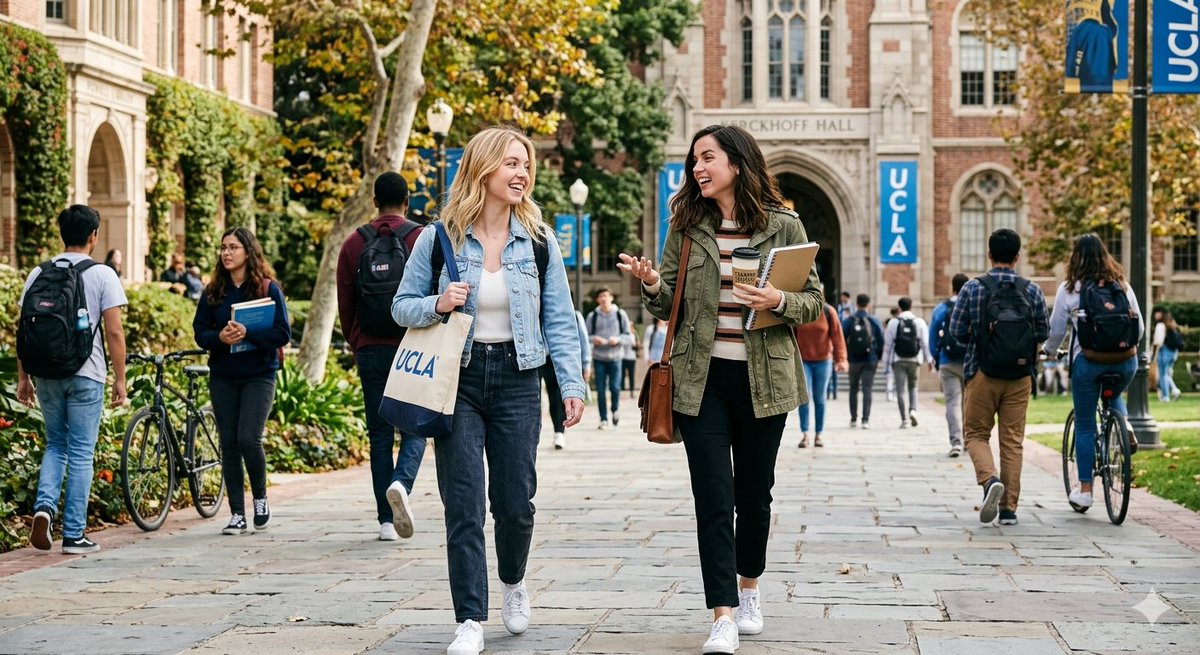 Sydney Sweeney 和 Ana de Armas 在大学校园里一起散步, Sydney Sweeney, 左侧, 微笑着，看向另一位角色, 金色，中等长度，自然大波浪, 浅蓝色牛仔外...