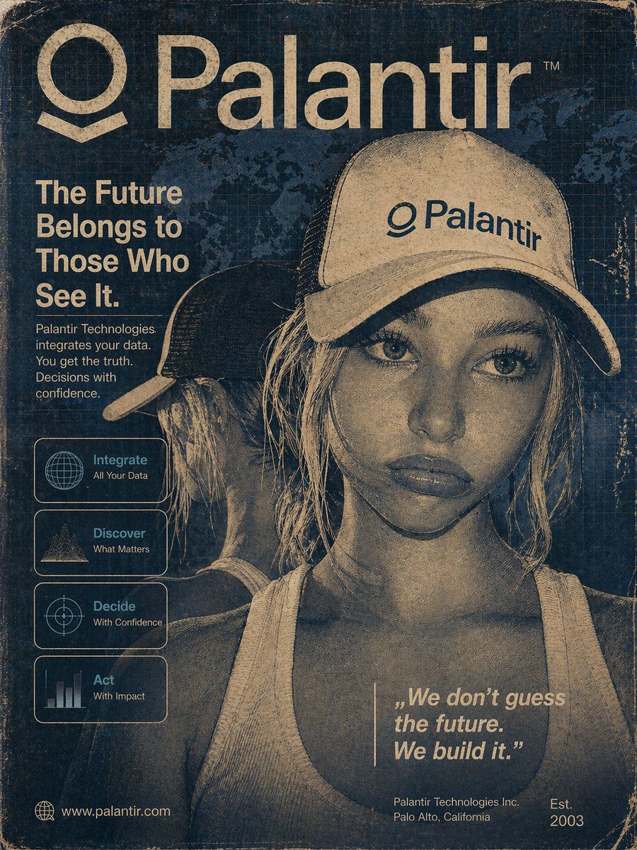90年代至2000年代初的复古科技广告海报，主题为Palantir，电影感且怀旧。画面中央放置一位戴着Palantir卡车司机帽的女孩肖像，但需完全融入整体设计之中——不能仅仅是简单贴上去的感...