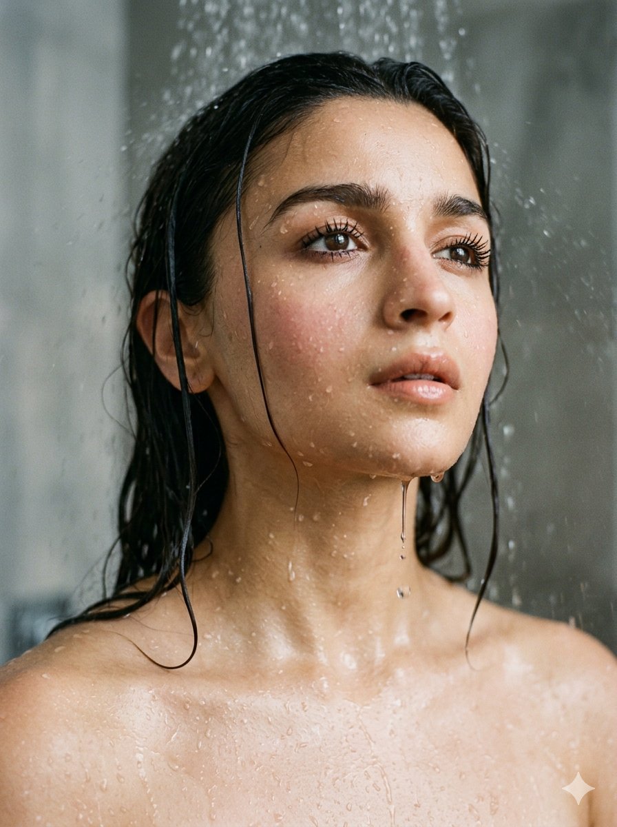 这是一张 (Kareena Kapoor) 的特写肖像照，湿发造型，捕捉到一个极具亲密感和感官性的瞬间。她似乎正站在淋浴下，水流不断地倾泻在她身上。 她的外观： • 头发湿漉漉的，发丝紧贴着脸...