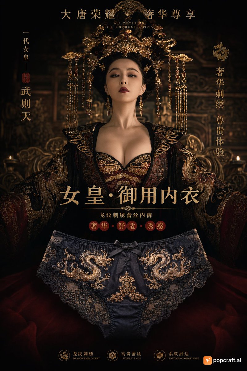 电视剧武则天同款皇后内衣广告，龙纹刺绣蕾丝内裤，黑暗宫廷氛围大片 #GPT2 #AiGenerated https://t.co/S7bSD2xIvb