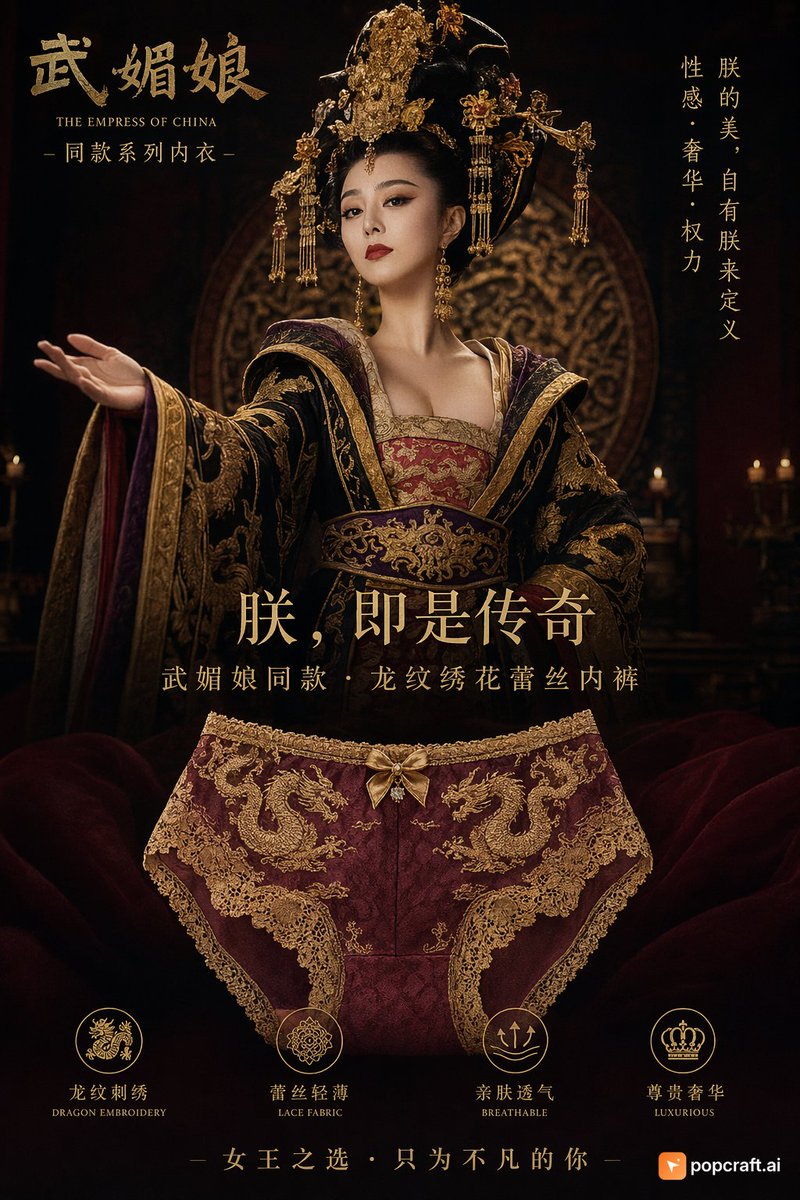 电视剧武则天同款皇后内衣广告，龙纹刺绣蕾丝内裤，黑暗宫廷氛围大片 #GPT2 #AiGenerated https://t.co/S7bSD2xIvb