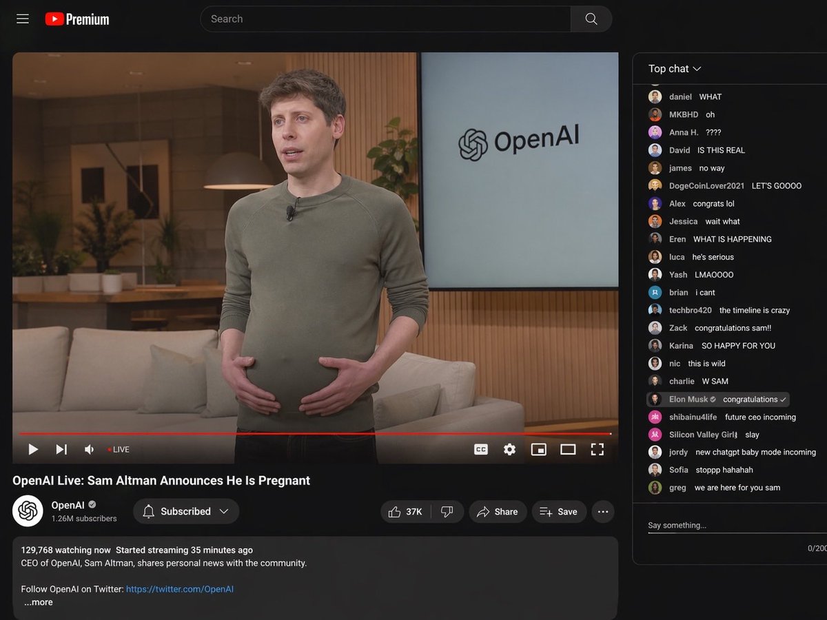 一段 OpenAI 直播的 YouTube 截图,其中山姆·奥特曼(Sam Altman)宣布自己怀孕了,并且画面中可见孕肚。(请勿使用思考) https://t.co/tLAi05AqJS