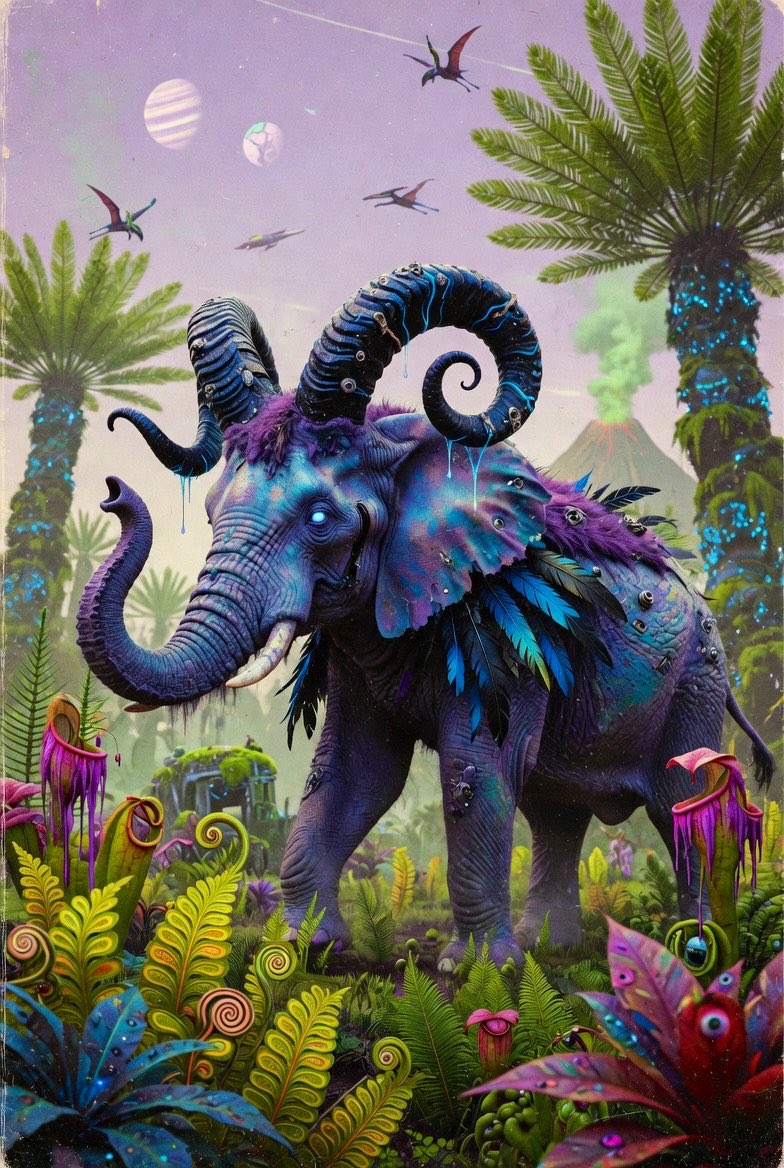 一个科幻大象混合生物。带有一点怪核元素，呈现复古风格的复古未来主义。大象与公羊特征混合，背部有亮蓝色和黑色的羽毛。奇特的蓝紫色调，质感出色，角也很好看。非常超现实、荒诞。画面中没有文字，它正行...