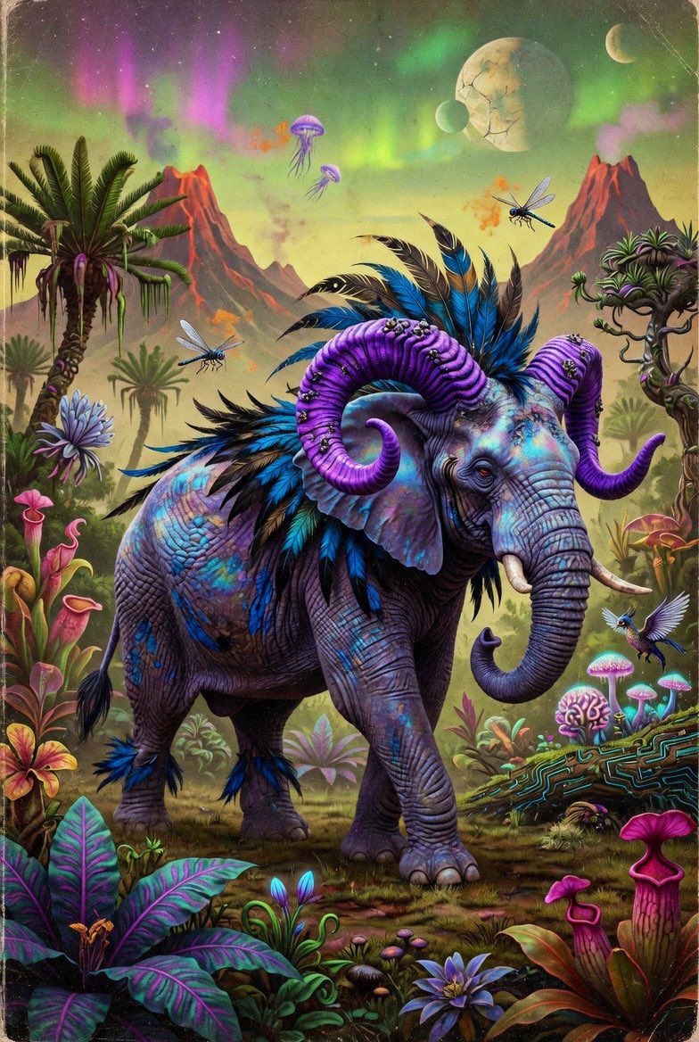 一个科幻大象混合生物。带有一点怪核元素，呈现复古风格的复古未来主义。大象与公羊特征混合，背部有亮蓝色和黑色的羽毛。奇特的蓝紫色调，质感出色，角也很好看。非常超现实、荒诞。画面中没有文字，它正行...