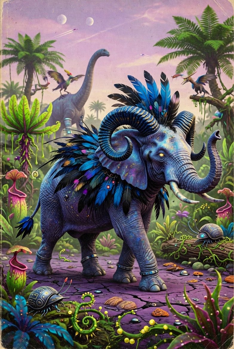 一个科幻大象混合生物。带有一点怪核元素，呈现复古风格的复古未来主义。大象与公羊特征混合，背部有亮蓝色和黑色的羽毛。奇特的蓝紫色调，质感出色，角也很好看。非常超现实、荒诞。画面中没有文字，它正行...