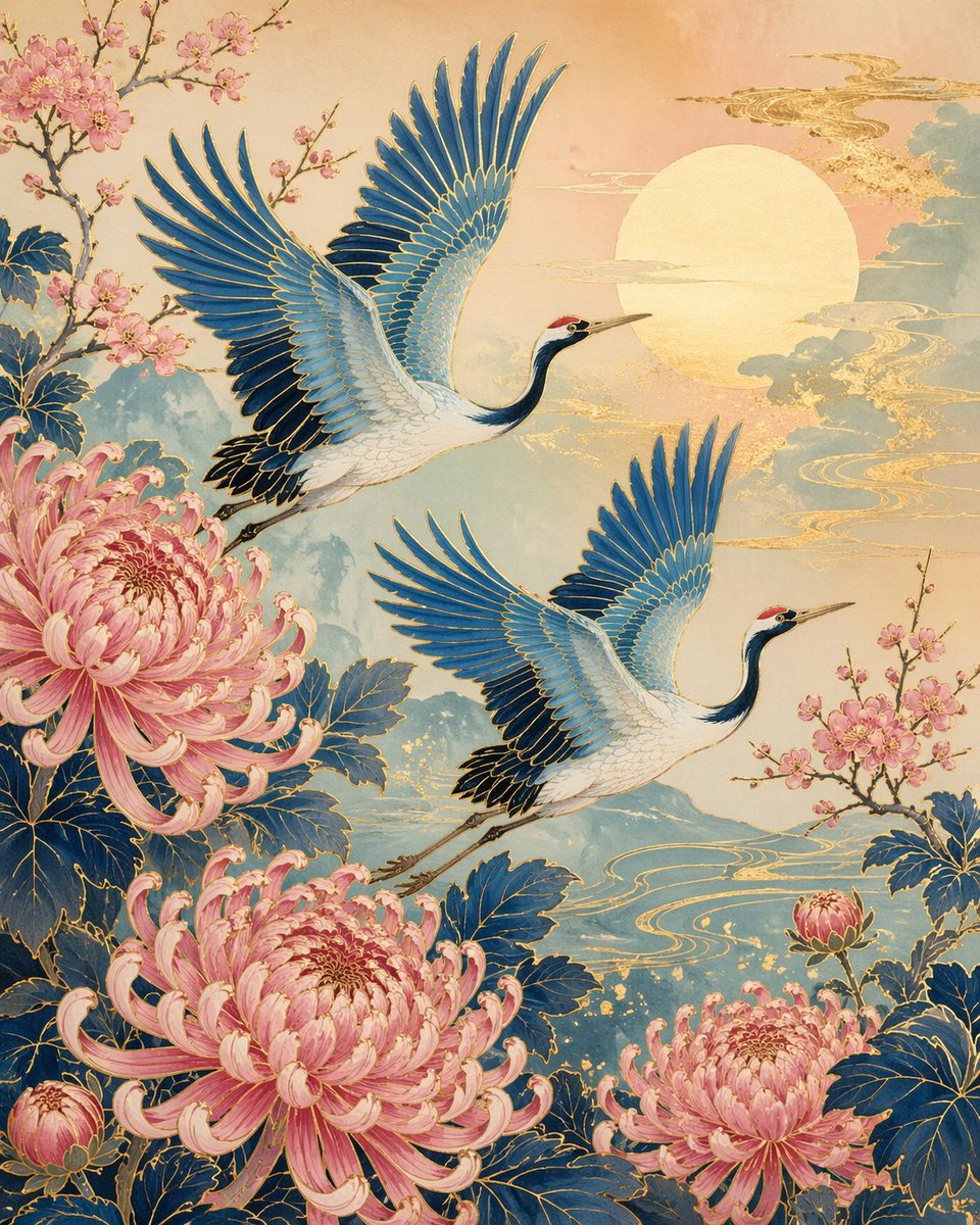 精致日式风格的艺术作品，两只蓝色与青绿色的鹤在硕大的粉色菊花与靛蓝色枝叶间飞翔。背景为柔和渐变，逐渐淡入一轮淡色的太阳。优雅的金色描边、粉彩渐变，以及宁静传统的构图。非常适合奢华或文化主题的印...