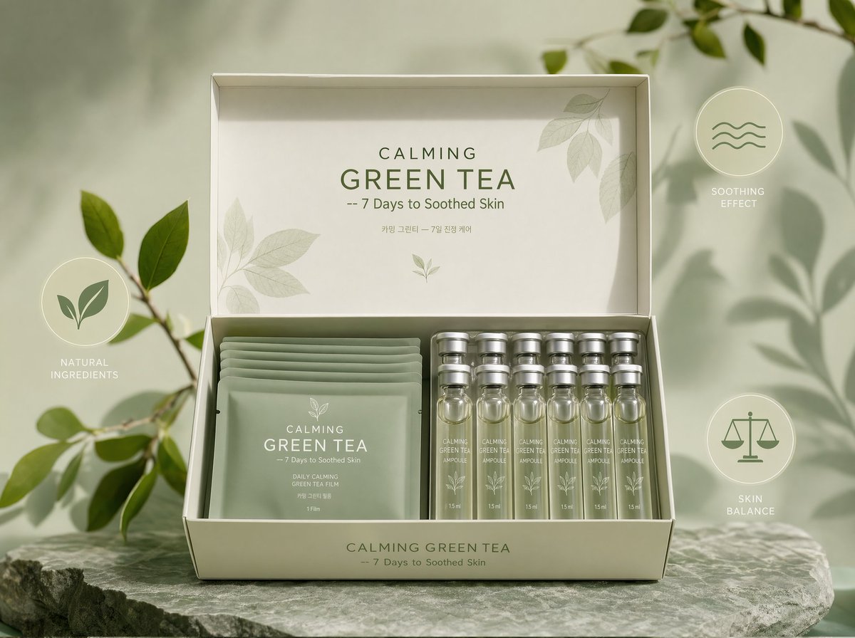 CALMING GREEN TEA 面膜套装 正面展示,打开的盒子呈现柔和的鼠尾草绿色面膜袋和带哑光银色瓶盖的半透明安瓶,产品居中放置,清晰品牌标识 "CALMING GREEN TEA --...