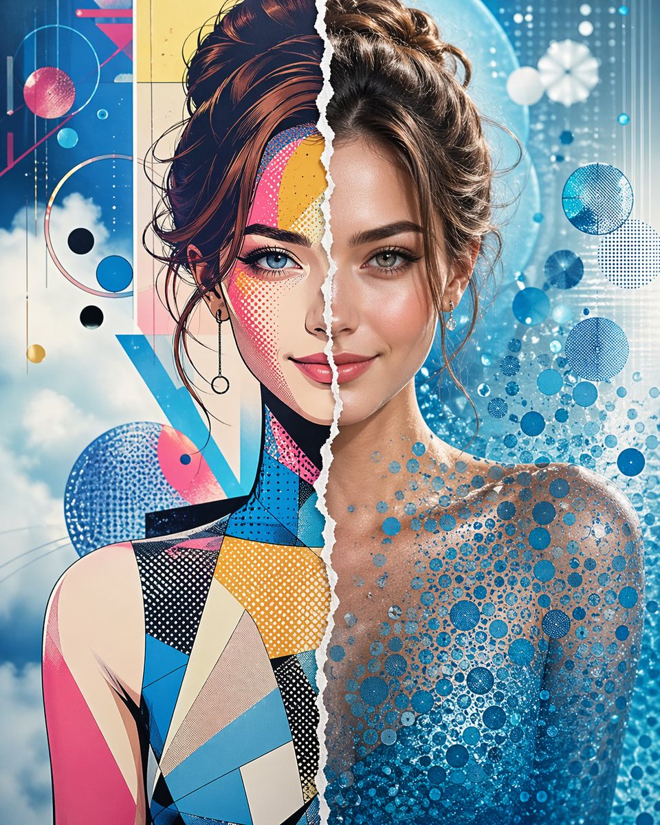 这幅画中只有一张面孔：一位优雅的年轻女模特，带着淡淡的笑容。一道线条从她的发际线处开始，将她的脸一分为二，设计成仿佛被猛烈撕裂的纸张。整幅画被一条流畅的、类似纸张裂口的线条完美、彻底、强制地分...