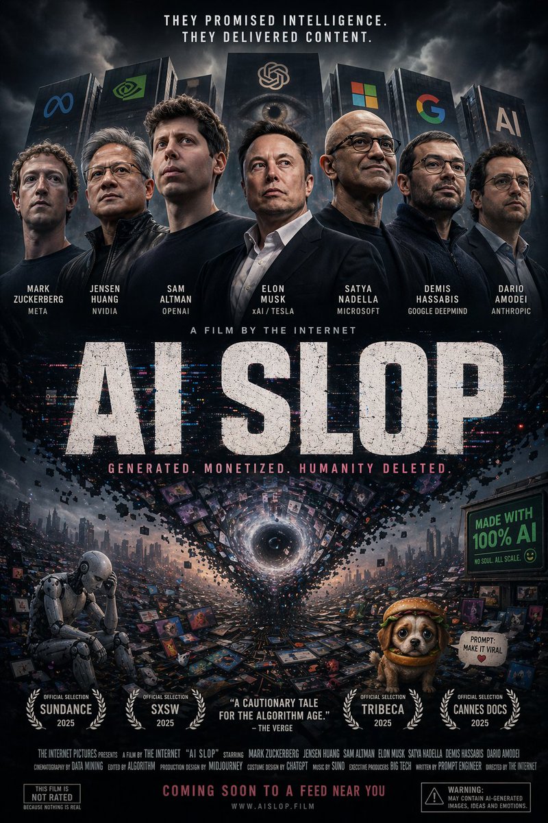 由科技公司CEO们主演的《Ai Slop》电影海报 https://t.co/xLKk2dGVYs https://t.co/EatUNVkqJe