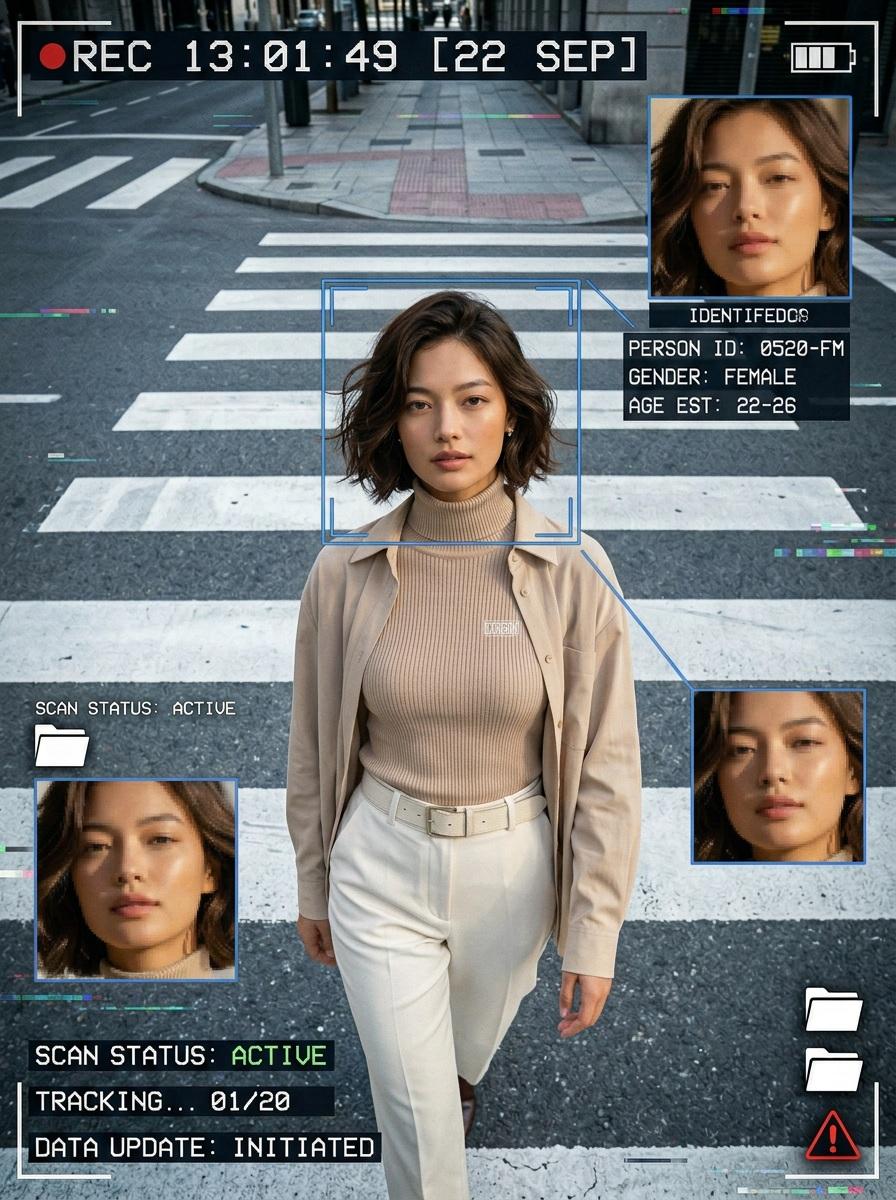 照片级真实感的 CCTV 监控场景，高角度安防摄像头视角，现代都市街道上的宽幅斑马线。一位时尚年轻女性正走过斑马线，在迈步过程中抬头直视镜头。面部与身份：使用上传的参考图像——轮廓对称清晰的脸...