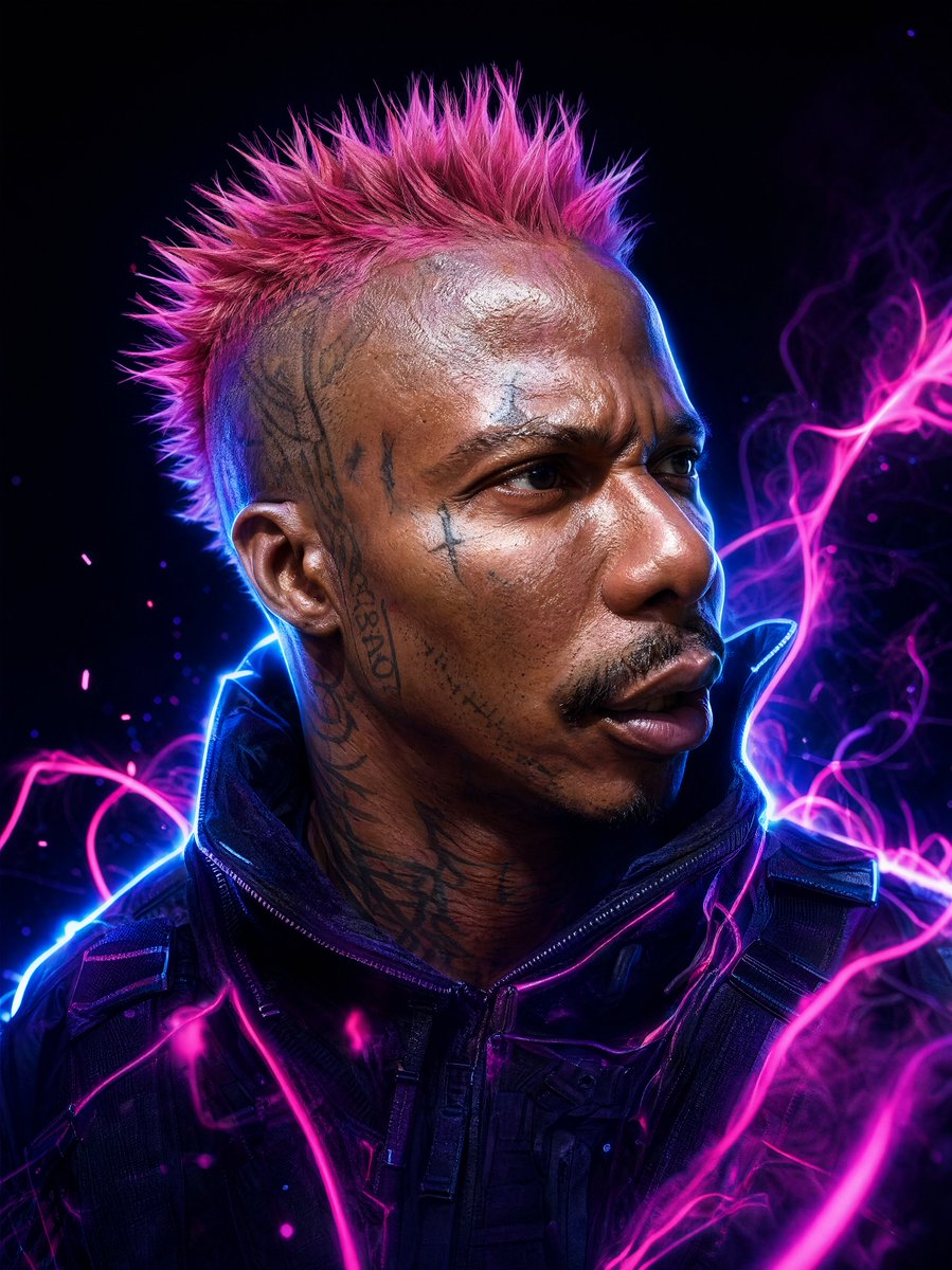 一张照片写实风格的真实人物肖像，面部特征与 image_0.png 中的男子完全一致，超逼真的皮肤纹理和详细的面部标记（纹身），目光锐利有穿透力，看向相同方向，尖刺状粉色的自然发型，侧面轮廓姿...