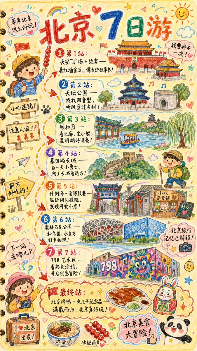 手绘风格的《{城市名}旅行手账插画》 --- 提示词： 请绘制一张色彩鲜艳、竖版（9:16）手绘风格的《{城市名}旅行手账插画》，画风仿佛由一位充满好奇心的孩子用蜡笔创作，整体使用柔和温暖的浅...