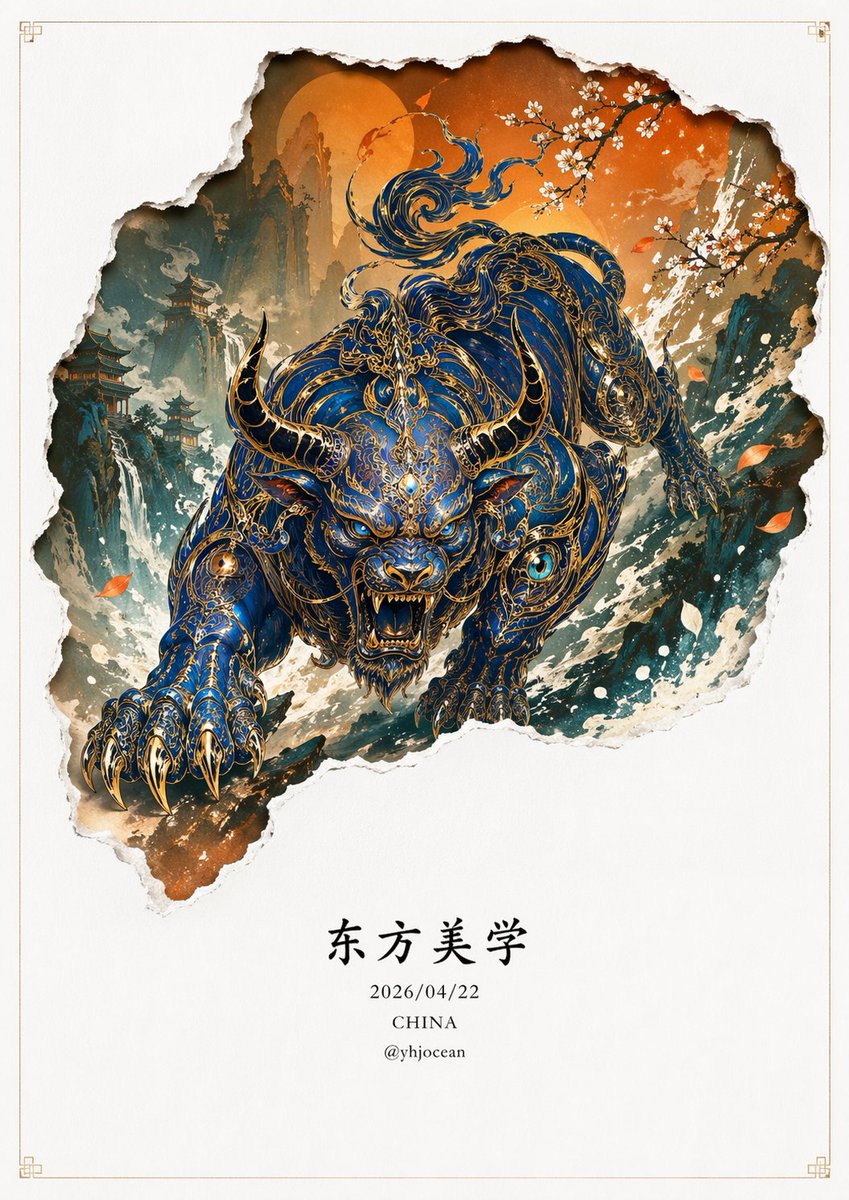 极简主义，新中式风格立体图形设计，图像下端有楷体中国文字：“东方美学”，“2026/04/22”，署名 “CHINA”，和“ @yhjocean "； 平整纯白色的亚光质感厚艺术纸上绘充满东方...