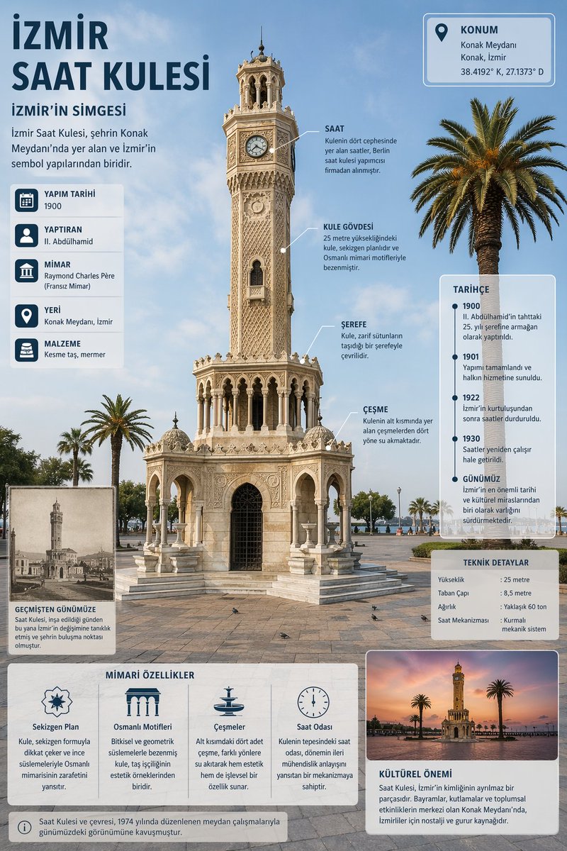 制作一份关于伊兹密尔钟楼（İzmir Clock Tower）的详细信息图，并在写实图像上添加标注。https://t.co/Gi4x9Qzzjw