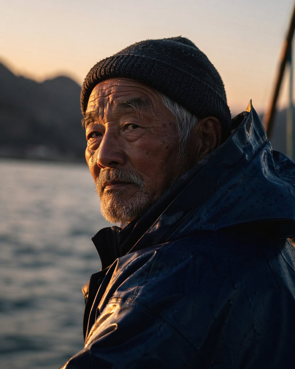 电影感肖像：黎明时分一位年迈的日本渔民，黄金时刻的光线打在他的脸上，细腻的饱经风霜的皮肤，浅景深，85mm镜头，忧郁的氛围 左：gpt image 1.5 右：gpt image 2.0 ht...