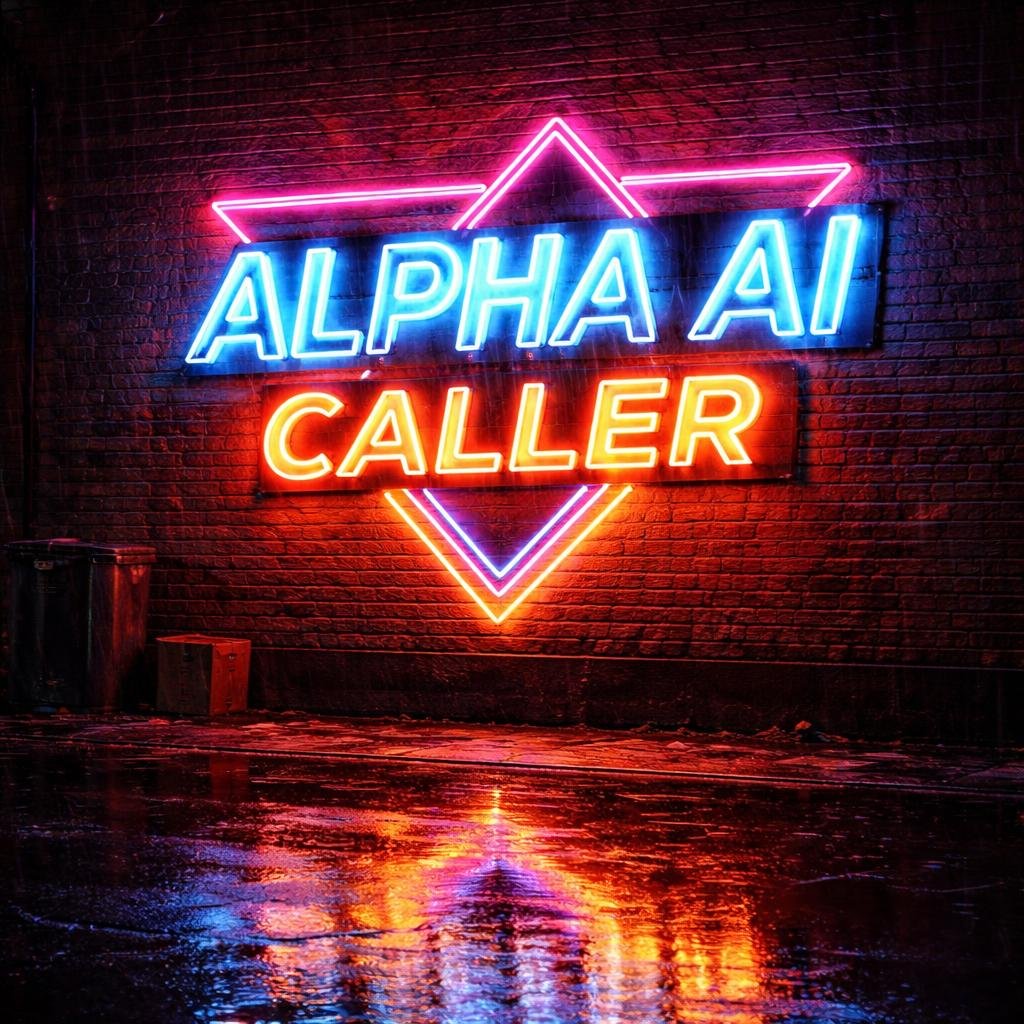 夜晚砖墙上的复古霓虹灯招牌，粗体文字写着"ALPHA AI CALLER"，80年代复古字体，人行道上有雨水反光，电影级光效 https://t.co/gaFohKIkQa