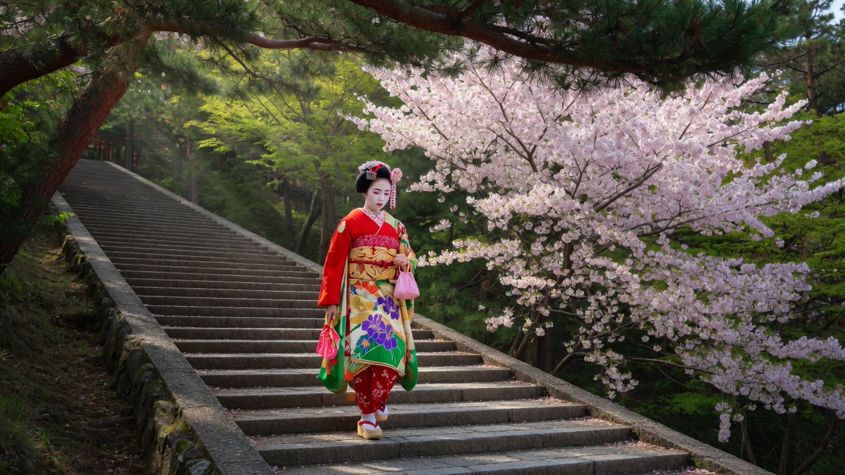 一位日本舞妓身着色彩鲜艳的舞妓风格服饰，沿着一条陡峭而漫长的石阶拾级而下，她身后和上方是茂密的松林与落叶林交织的森林，一侧盛开着满树繁花的樱花树，阳光透过树冠洒下斑驳光影。要求呈现逼真的写实图...