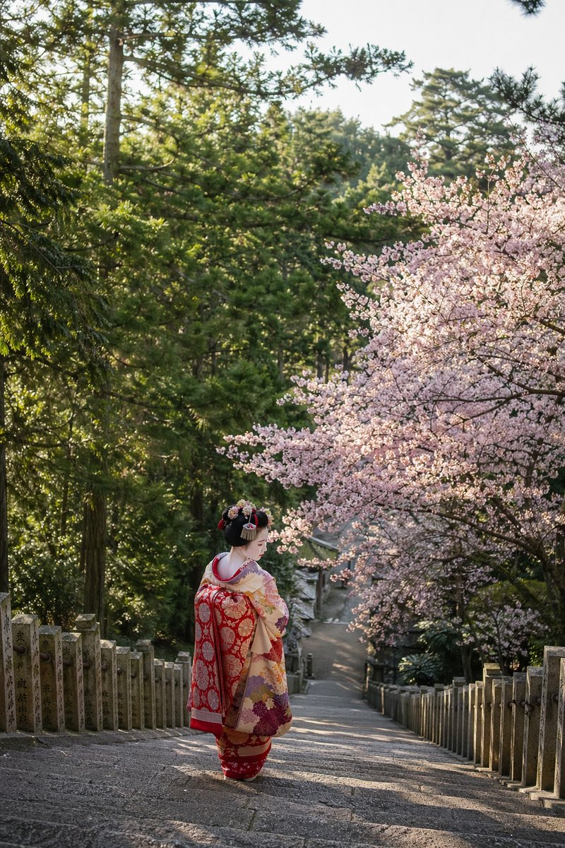 一位日本舞妓身着色彩鲜艳的舞妓风格服饰，沿着一条陡峭而漫长的石阶拾级而下，她身后和上方是茂密的松林与落叶林交织的森林，一侧盛开着满树繁花的樱花树，阳光透过树冠洒下斑驳光影。要求呈现逼真的写实图...