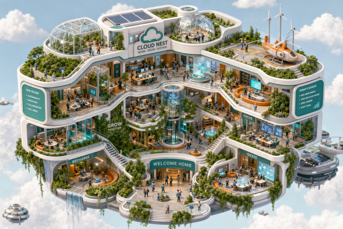 一座“云端漂浮的绿色办公城市”的精细 3D 等距剖面图。云朵之间,微小的人物在全息影像前工作,茂盛的垂直花园,流线型的白色建筑。柔和的粘土渲染风格,搭配充满活力的企业配色(青色与橙色),细节丰...