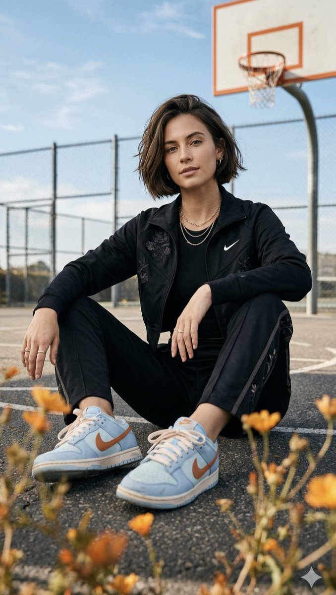 一张高分辨率的电影级人像照：一位自信的年轻女性，留着时尚的深棕色波波头，盘腿坐在户外的沥青篮球场上。她身穿黑色 Nike 拉链运动夹克，带有精致的花卉刺绣，搭配同款黑色慢跑裤，并佩戴着多层金色...