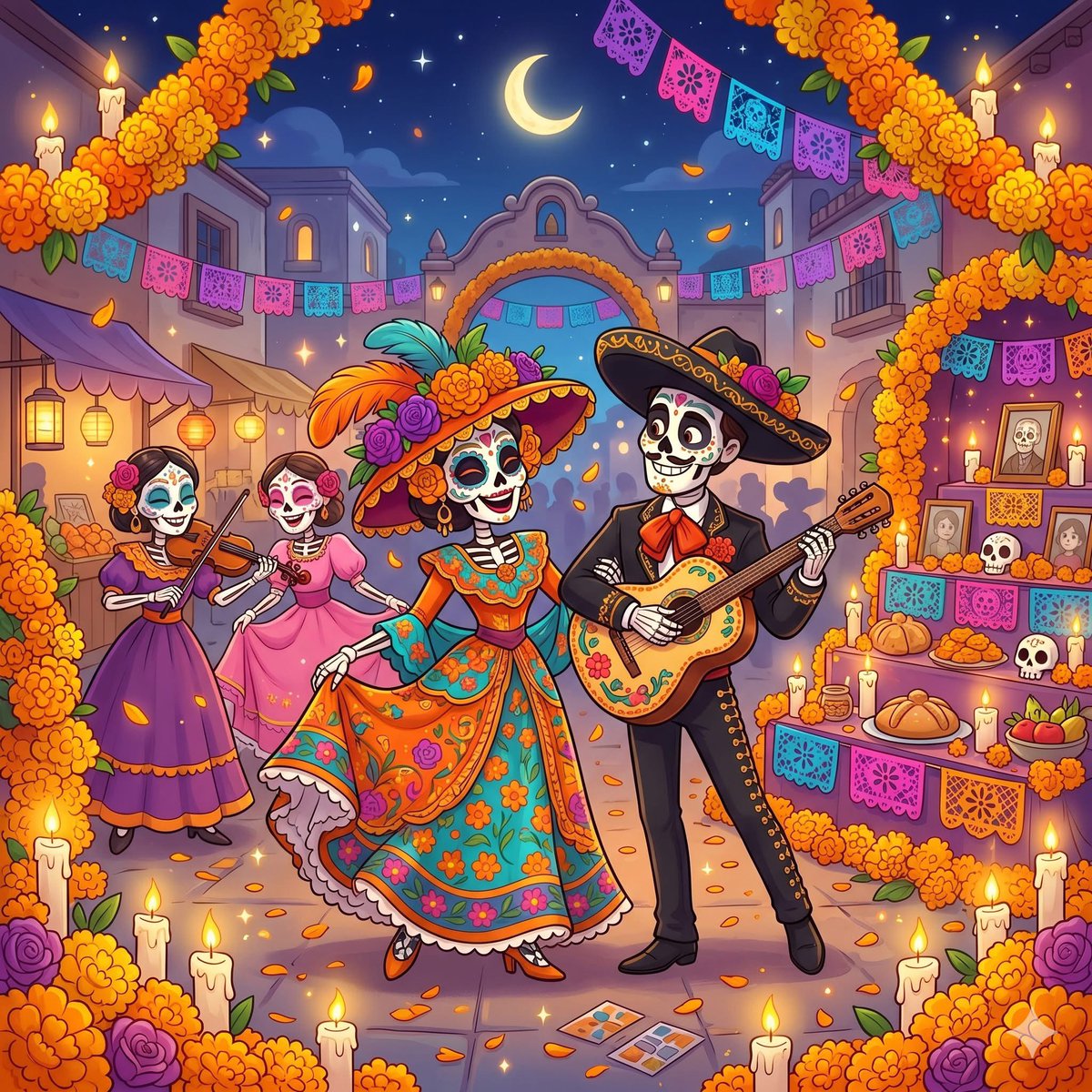 创作一幅充满活力的卡通风格插画，主题为墨西哥亡灵节（Día de los Muertos）庆典。 场景充满欢乐的庆祝氛围与丰富的文化内涵： -...