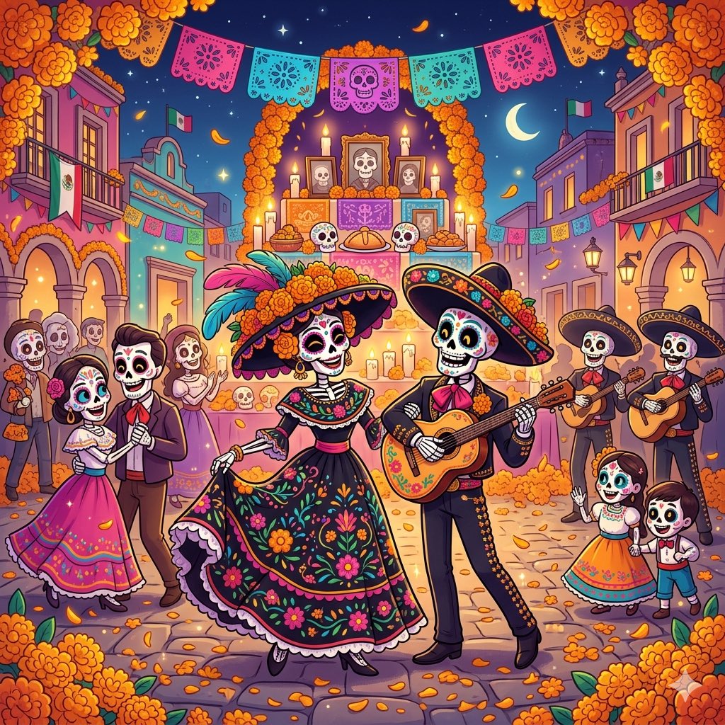 创作一幅充满活力的卡通风格插画，主题为墨西哥亡灵节（Día de los Muertos）庆典。 场景充满欢乐的庆祝氛围与丰富的文化内涵： - 优雅的卡特里娜（Catrina）人物身着精美装饰...