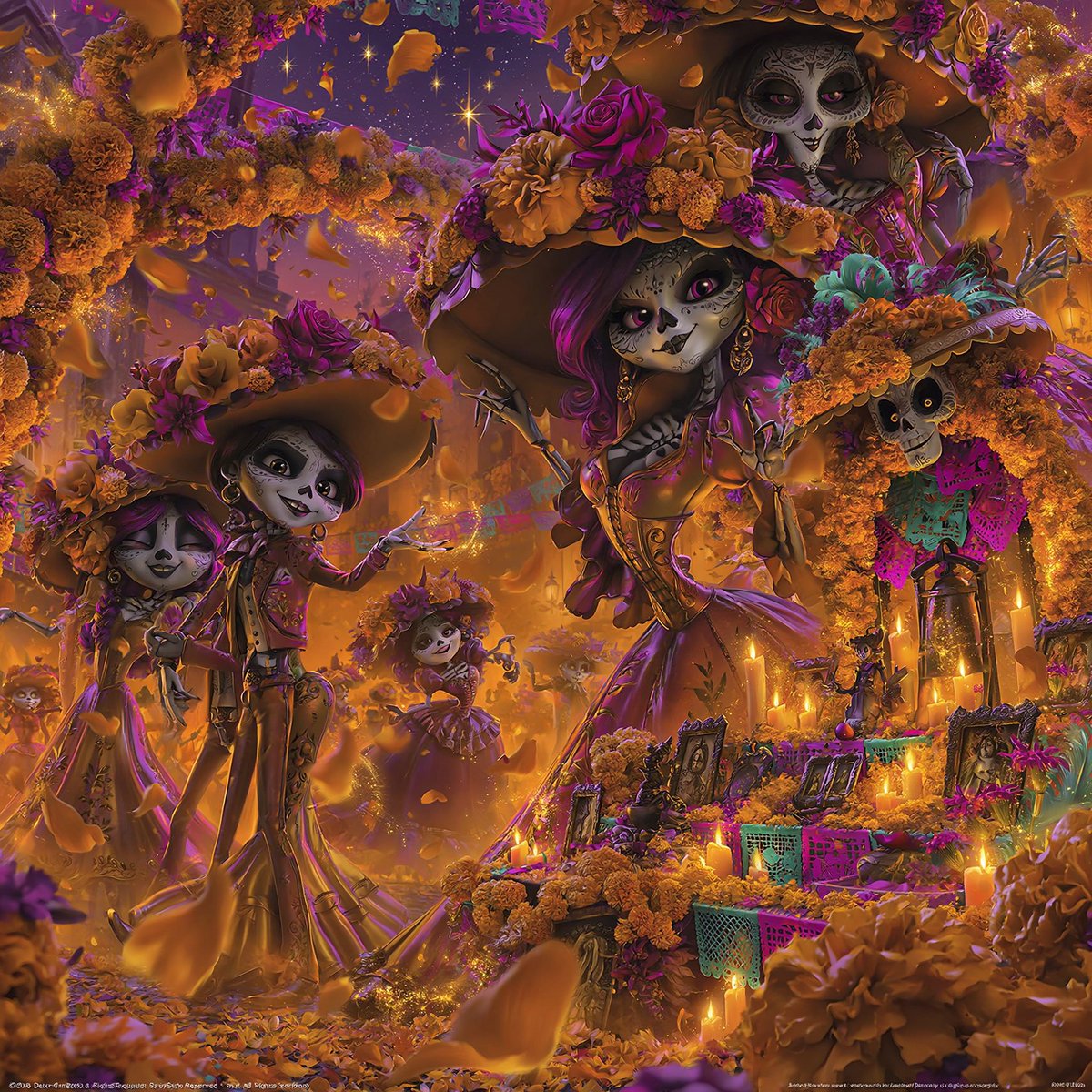 创作一幅充满活力的卡通风格插画，主题为墨西哥亡灵节（Día de los Muertos）庆典。 场景充满欢乐的庆祝氛围与丰富的文化内涵： - 优雅的卡特里娜（Catrina）人物身着精美装饰...