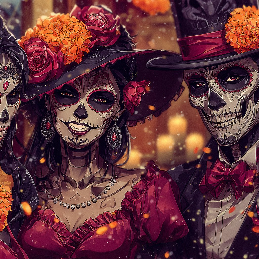创作一幅充满活力的卡通风格插画，主题为墨西哥亡灵节（Día de los Muertos）庆典。 场景充满欢乐的庆祝氛围与丰富的文化内涵： - 优雅的卡特里娜（Catrina）人物身着精美装饰...