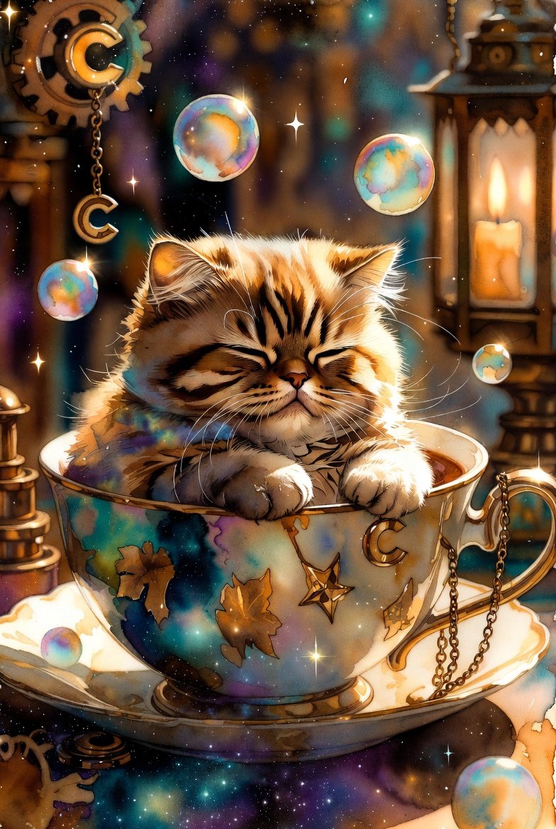 一只圆滚滚的小猫蜷缩着睡在一个巨大的茶杯里，周围漂浮着肥皂泡和微微发光的星星，柔和的粉彩色调，粉色与淡紫色交织，温暖的烛光，梦幻水彩风格，松散而富有表现力的晕染，精致迷人 > >...