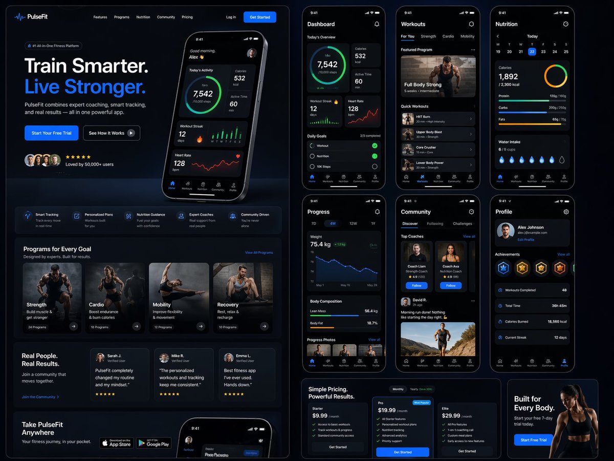 为名为 PulseFit 的品牌设计一个现代、高端的健身应用着陆页和产品 UI。 创建一个干净的网络设计模型，看起来像一个真实的 SaaS 健身平台和移动配套应用。该设计应感觉高端、激励人心且...