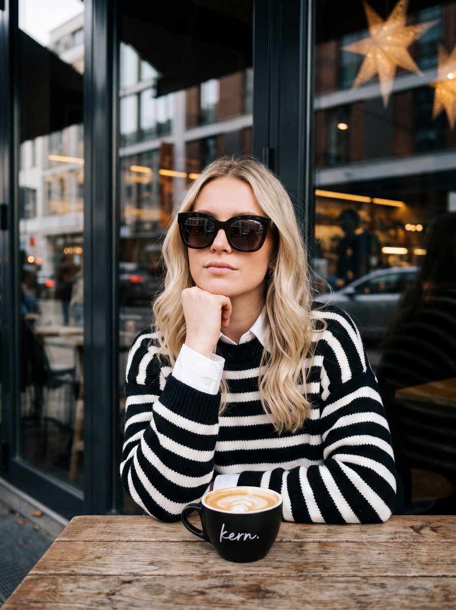 Eye-level, Medium shot, Shallow, The woman's face and sunglasses, None, Subject is centered; cof...