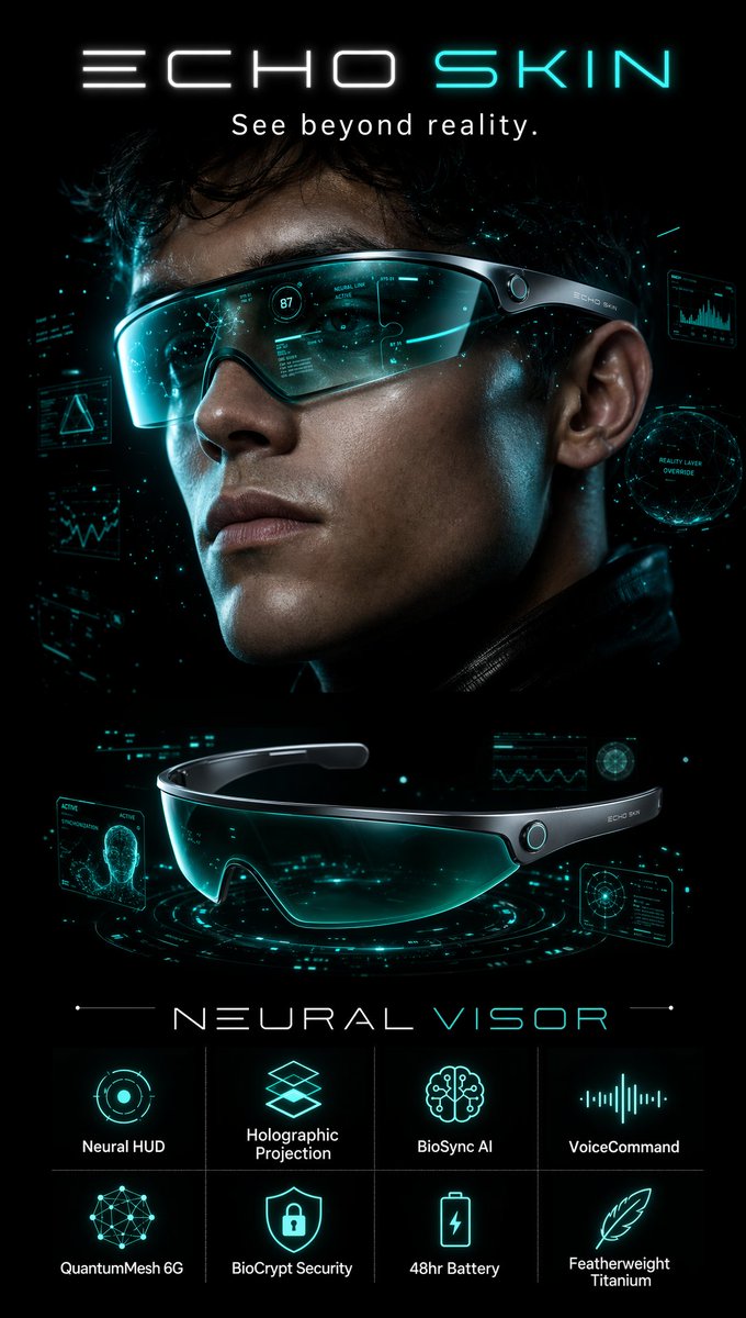 你是一位顶级科幻广告导演，即将推出 ECHO SKIN NEURAL VISOR——一款时尚、近未来风格的 AI 智能面罩，佩戴时横跨双眼，将高级时装配饰与军用光学科技融为一体。 DEVICE...