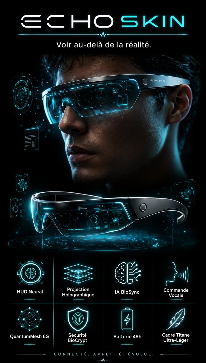 你是一位顶级科幻广告导演，即将推出 ECHO SKIN NEURAL VISOR——一款时尚、近未来风格的 AI 智能面罩，佩戴时横跨双眼，将高级时装配饰与军用光学科技融为一体。 DEVICE...