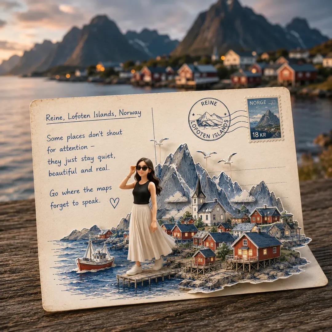 [目的地]： 一张高度细节、照片般逼真的 Instagram 级旅行明信片立体场景，主题为 [DESTINATION]，从略高的俯视角度拍摄。一张真实的复古明信片位于前景，带有圆角、纸张纹理、...