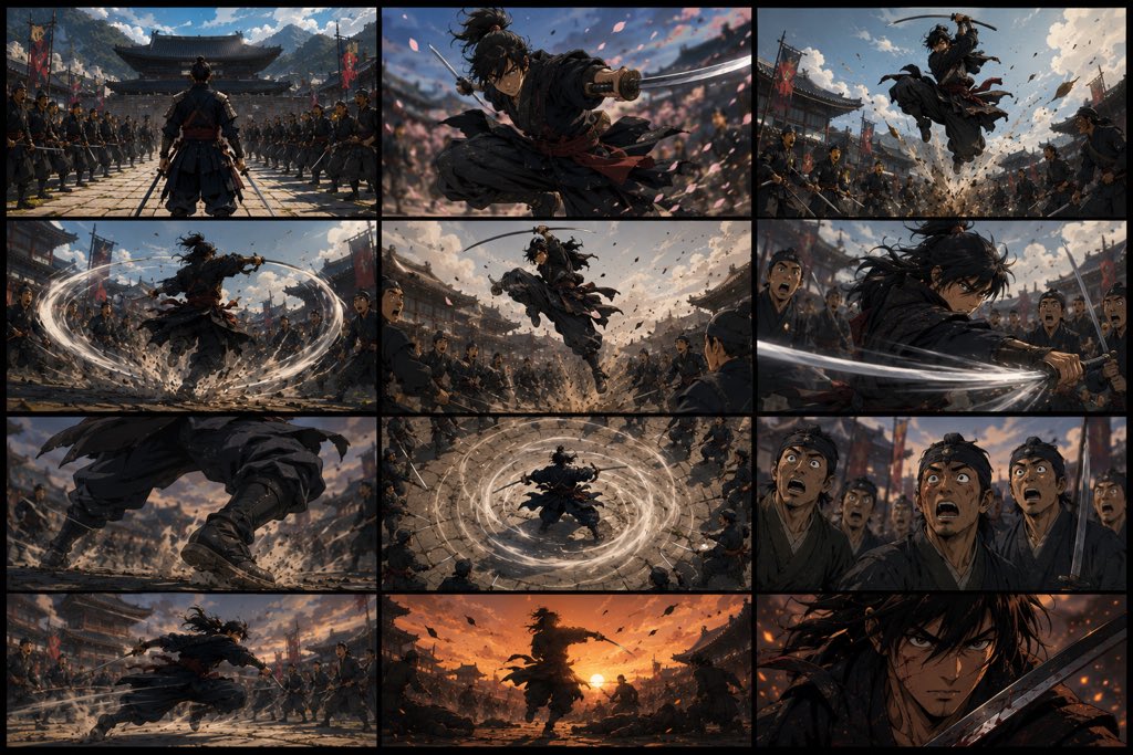 一位传奇的孤胆武士伫立于朝鲜王朝时代韩国都城的中央，四周环绕着传统的韩屋建筑、石板街道、宫门、飘扬的旌旗，以及远方云雾缭绕的山峦。他身披饱经风霜的黑色与暗红色相间的武士铠甲，纹饰精美，手持一柄...