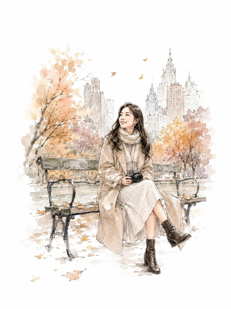 一幅融合细腻水彩与浓郁墨韵的插画，描绘一位20多岁的年轻韩国女性在纽约旅行，她站在渡轮甲板上，远处自由女神像在身后矗立。她单手扶着栏杆，长发与浅色风衣被港口微风吹起，抬头露出明亮而欣喜的笑容。...