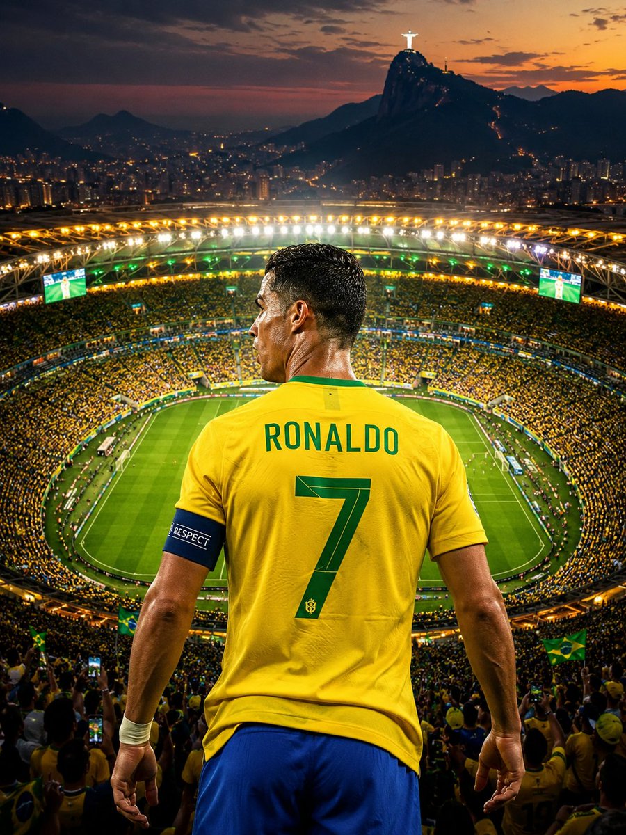 超写实、电影感的体育人像：克里斯蒂亚诺·罗纳尔多（Cristiano Ronaldo）正面站立，位于巴西里约热内卢传奇的马拉卡纳体育场（Maracanã Stadium），在一场满座的夜间比赛...