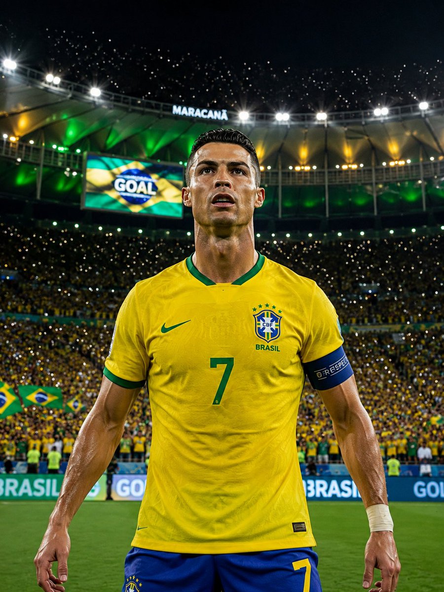 超写实、电影感的体育人像：克里斯蒂亚诺·罗纳尔多（Cristiano Ronaldo）正面站立，位于巴西里约热内卢传奇的马拉卡纳体育场（Maracanã Stadium），在一场满座的夜间比赛...