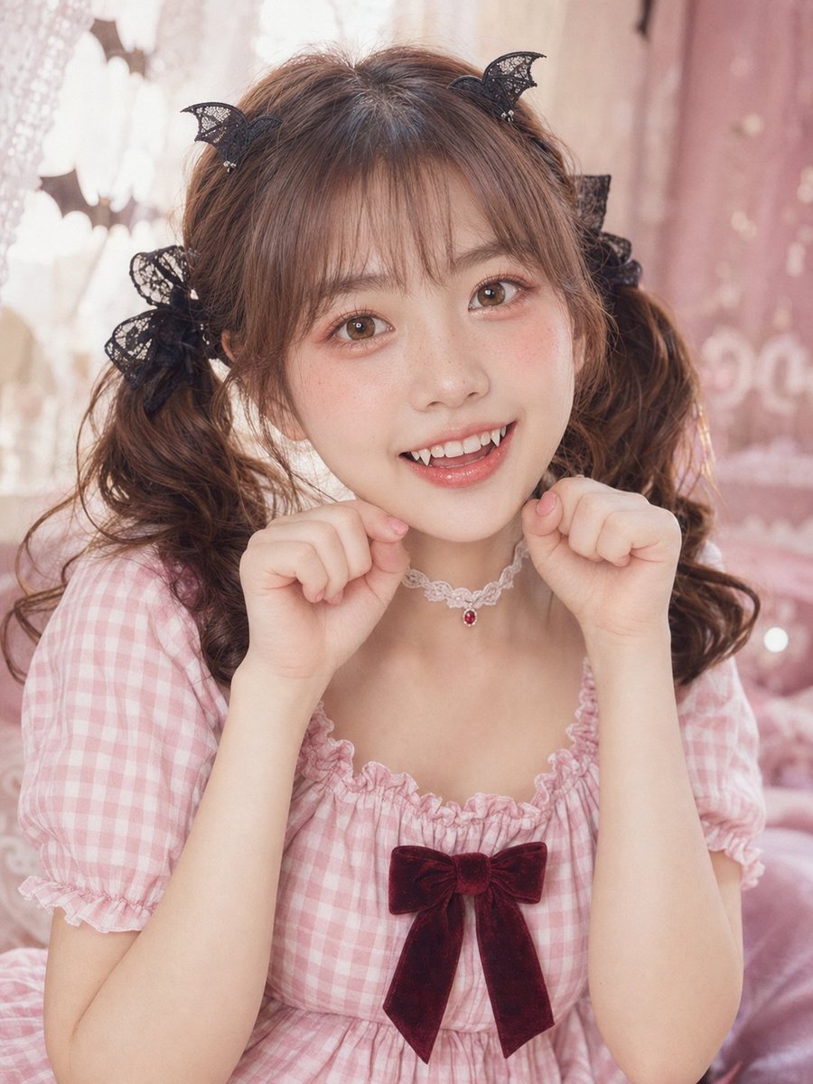 可爱版吸血鬼🧛‍♀️ GPT- image 2 prompt 👇 电影感的中景特写编辑级人像，十八岁左右的甜美东亚少女，腰部以上构图，她的面部占据画面上三分之一的清晰细节位置。圆润柔软的脸庞带...