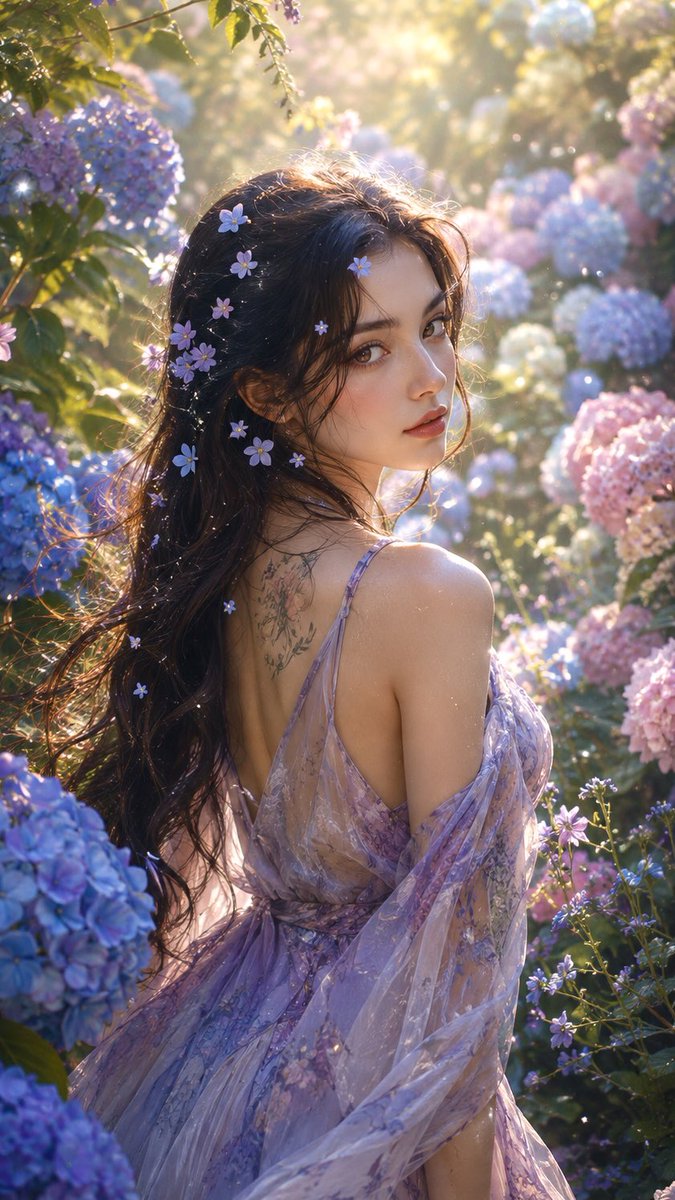 一位长发乌黑的女子身处如梦似幻的花园，盛开的绣球花——柔和的蓝、淡紫与浅粉花朵。花瓣上闪烁着露珠，花粉微粒在温暖的阳光中飘曳，野花与翠绿枝叶，精致的植物写实风格，浅景深，透光的逆光照明，超精细...