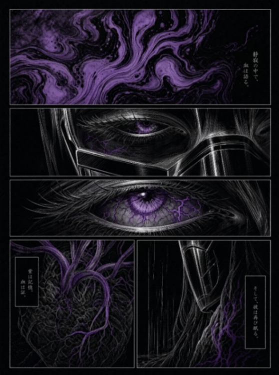 一幅混合媒介插画，结合漫画分镜布局、黑色背景上的精致白色线条艺术，以及稀疏的紫红色色彩点缀。线条艺术与渲染 细腻的白色墨水线条，辅以受控的排线进...